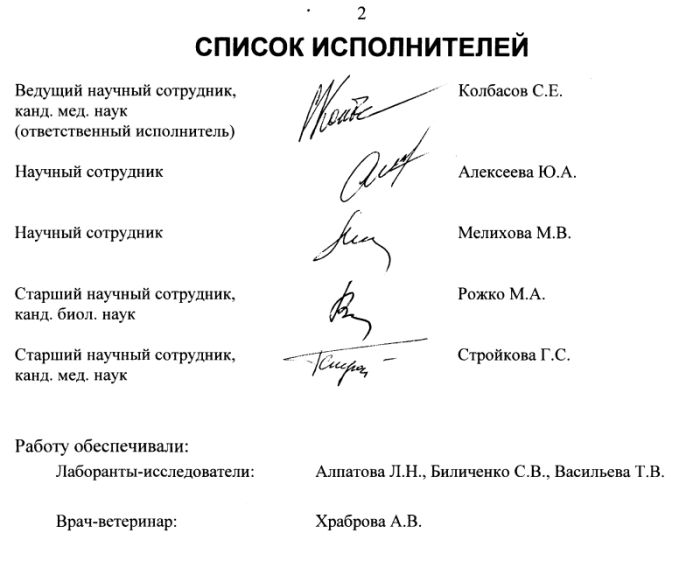 Список исполнителей ИССЛЕДОВАНИЯ АДАПТОГЕННОЙ АКТИВНОСТИ